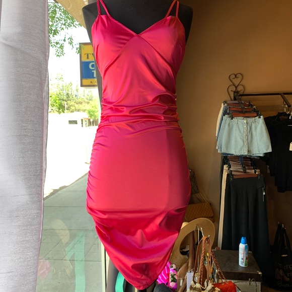 Hot Pink Satin Cocktail Mini Dress - Picture 5 of 6